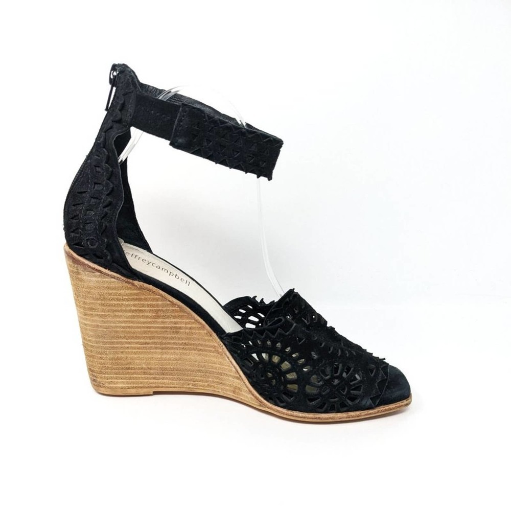 Jeffrey Campbell Womens 10 Del Sol Black Ankle Strap Open Toe Wedge Wood Sandals - Picture 3 of 11